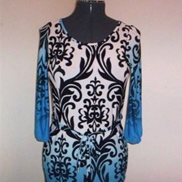 Loila Medium Paisley Print Round Neck Elastic Puff Sleeve Tie Belt Work Dress - Picture 6 of 11